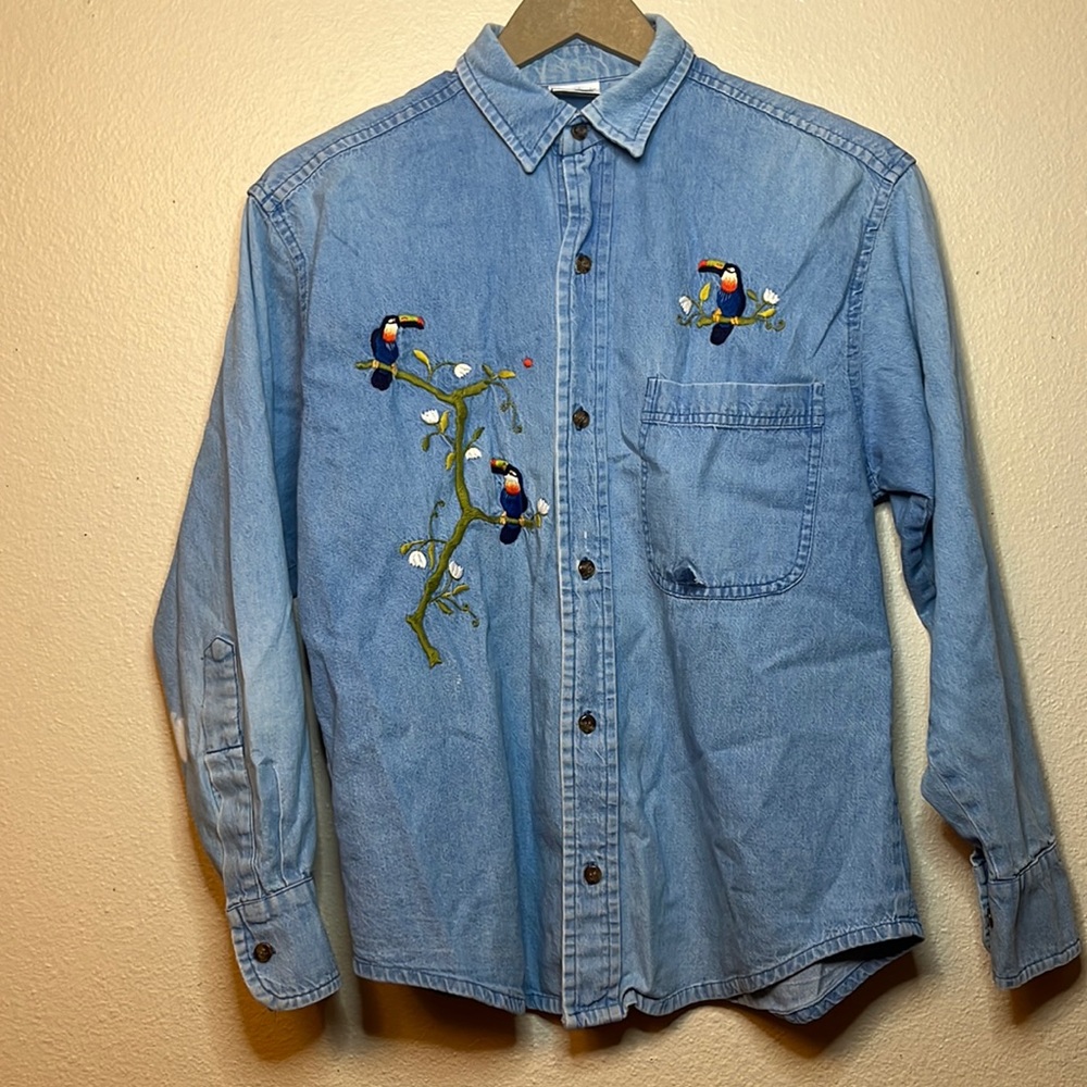 Heavily embroidered toucan denim button shirt